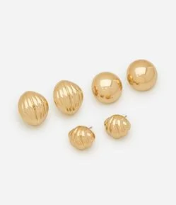 Kit 3 Brincos Botão Casulo e Meia Esfera