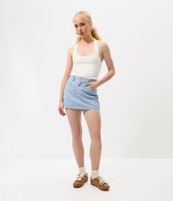 Short Saia Listrado sem Sarja com Passantes e Bolsos