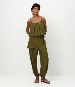 Calça Aladim em Jacquard com Pala Assimétrica Sobreposta