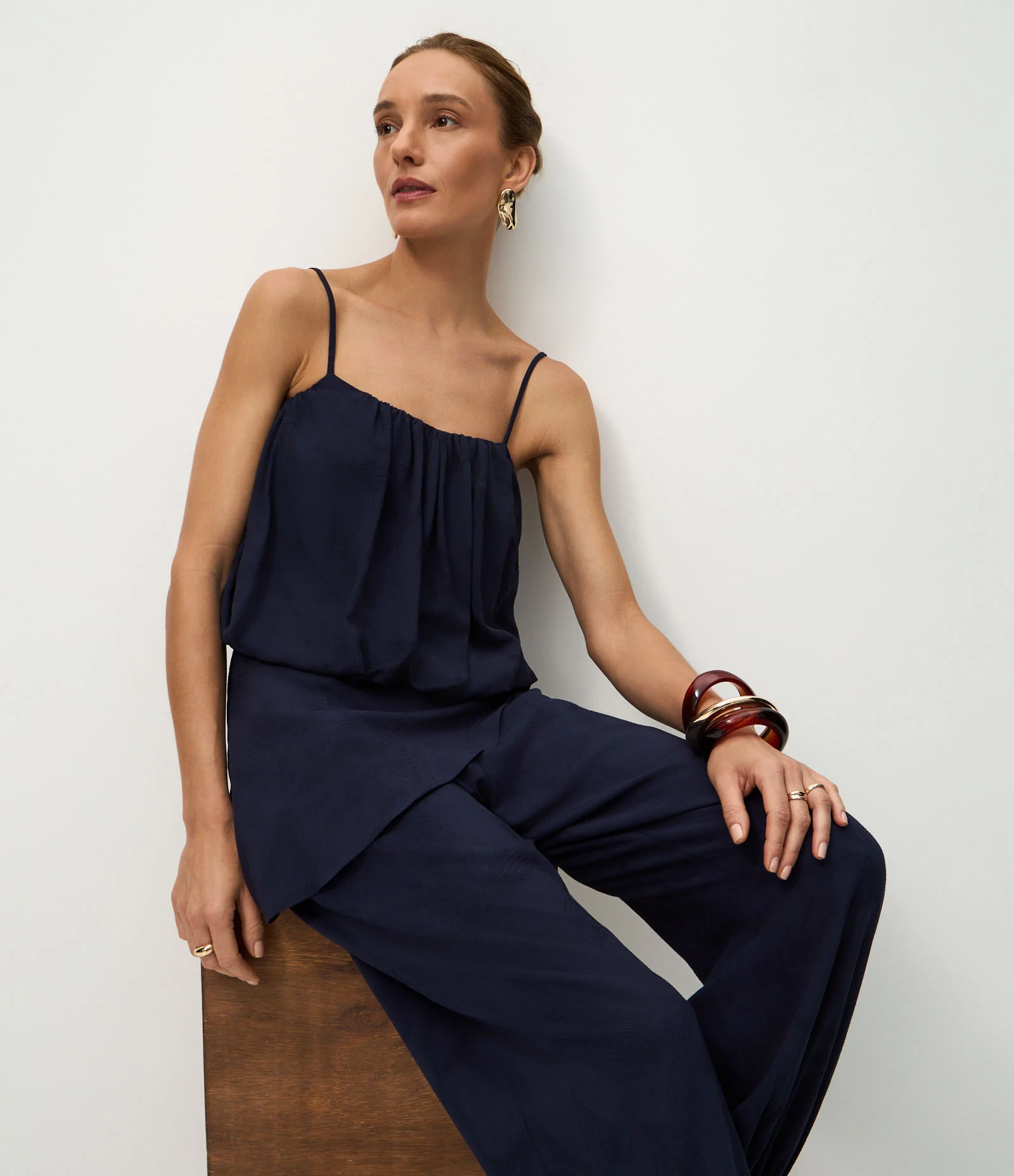 Calça Aladim em Jacquard com Pala Assimétrica Sobreposta Azul 5