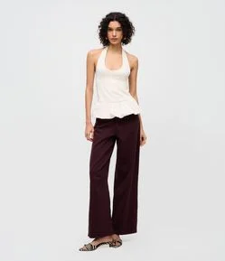 Calça Wide Leg em Sarja com Cintura Baixa