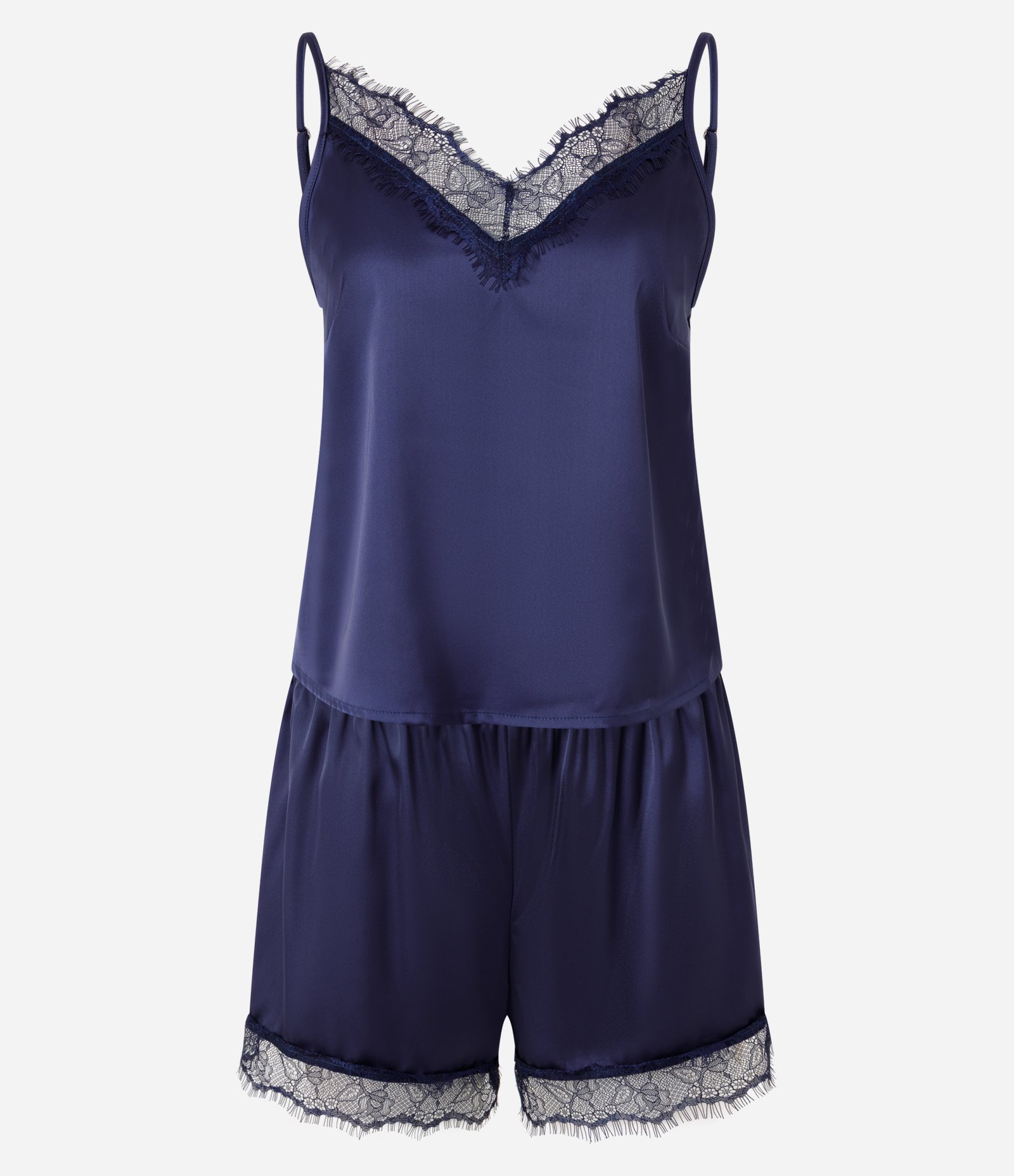 Pijama de Cetim com Regata e Bermuda com Renda Azul 1