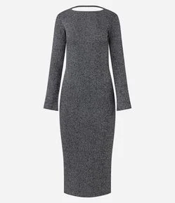 Vestido Midi Canelado com Abertura nas Costas e Efeito Metálico