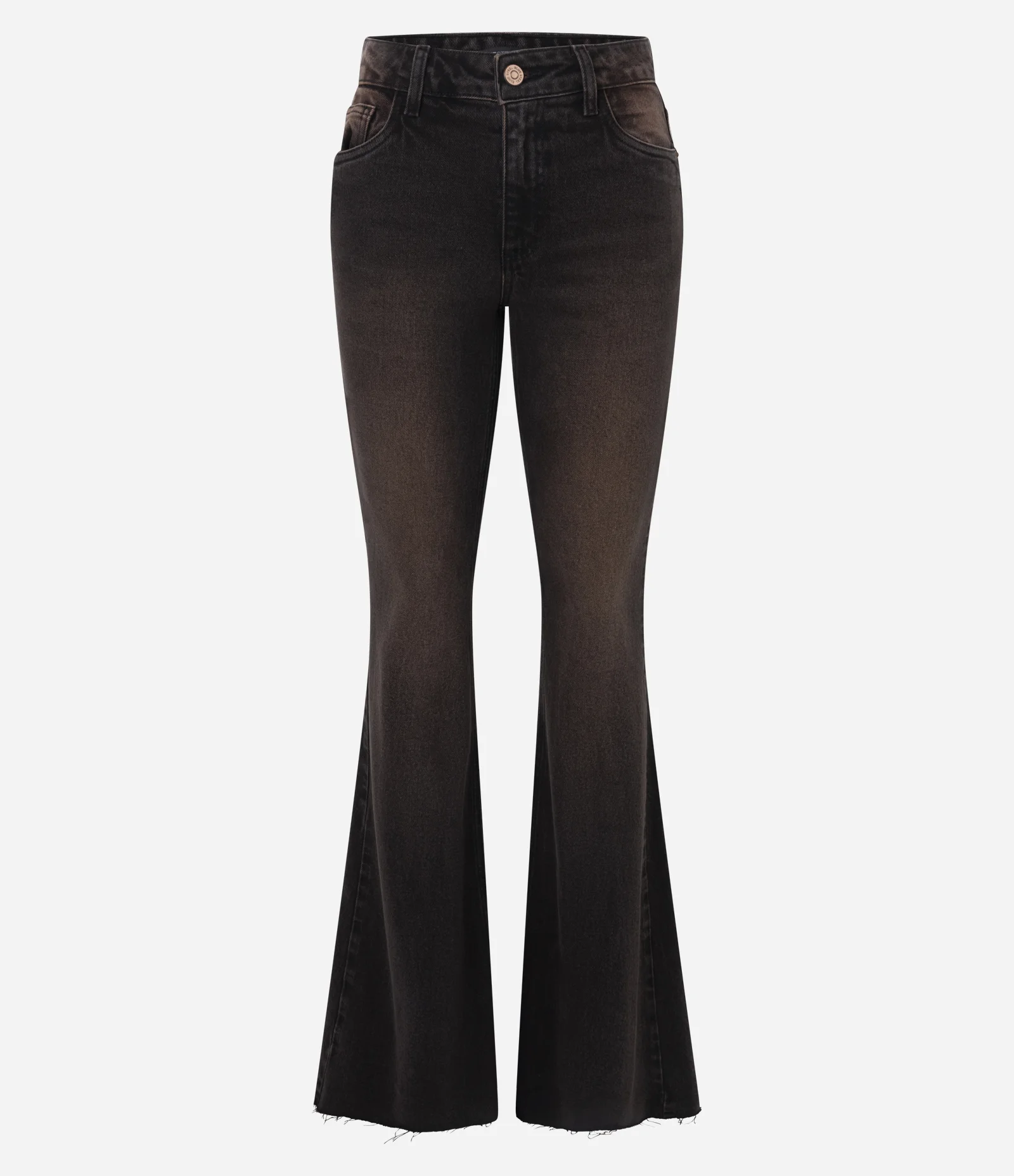 Calça Flare em Jeans com Lavagem Sobretinta e Barra Desfiada Marrom Escuro 1
