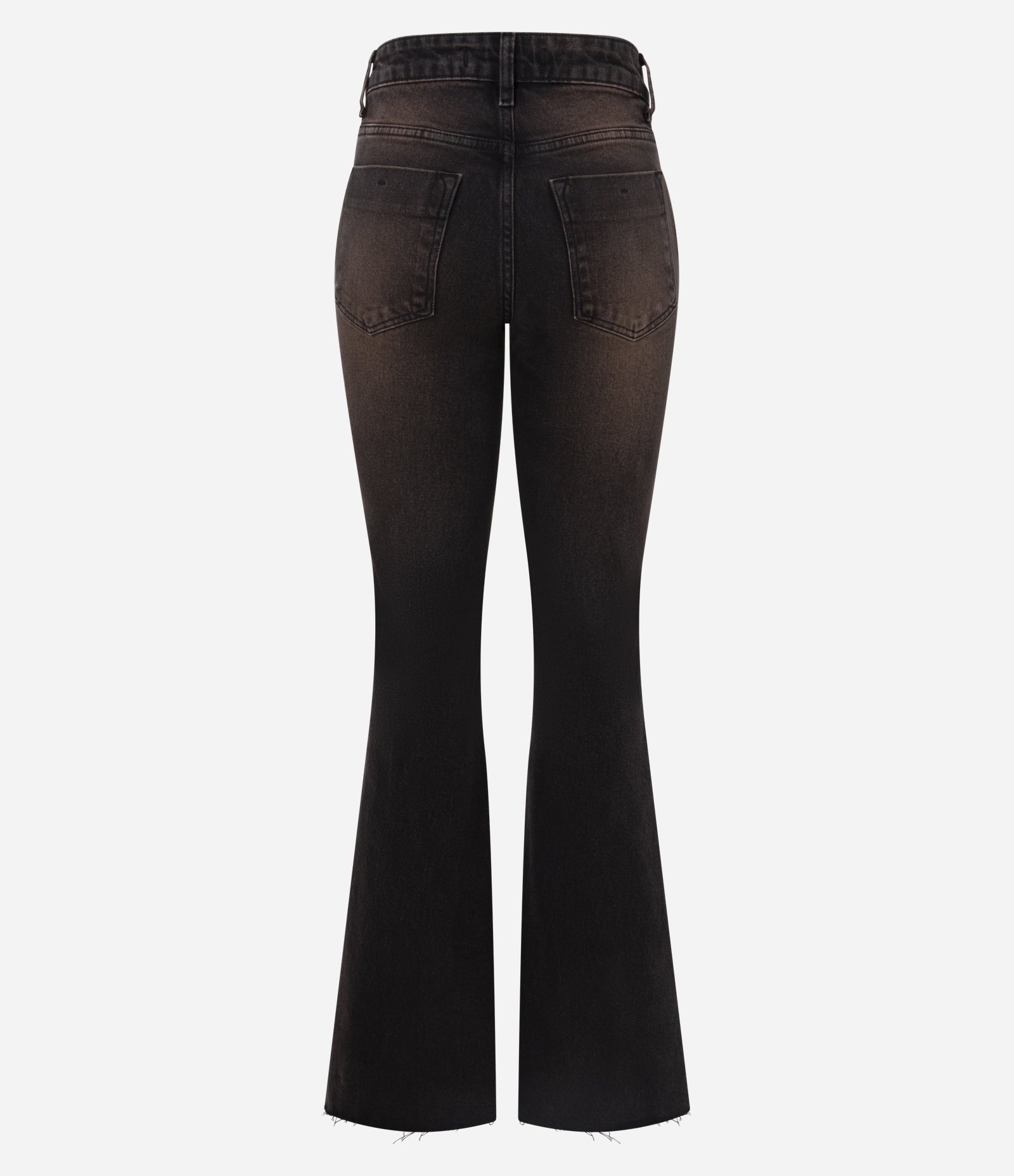 Calça Flare em Jeans com Lavagem Sobretinta e Barra Desfiada Marrom Escuro 2
