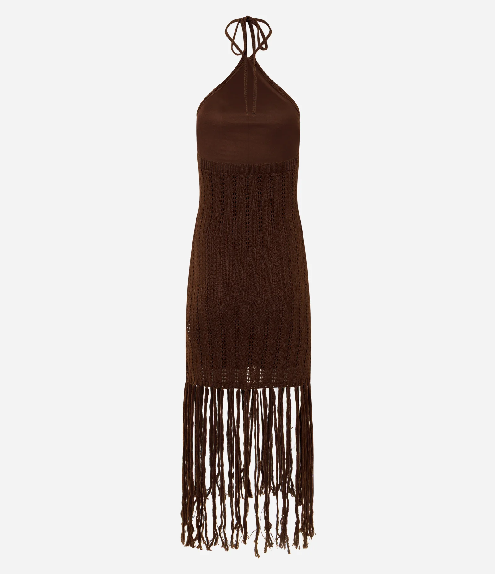 Vestido em Tricô Sem Manga com Franja na Barra Marrom 3