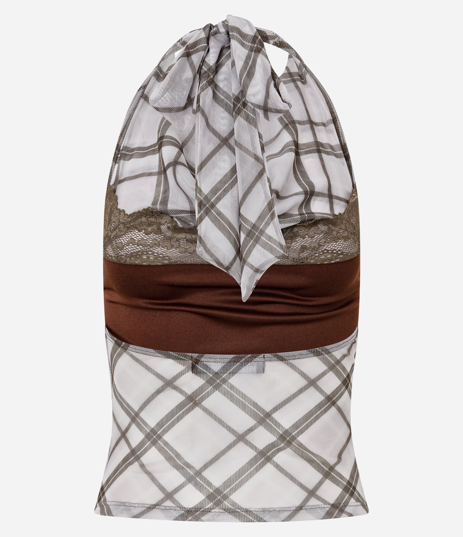 Blusa Frente Única em Tule Xadrez com Decote Degagê e Renda Branco 6