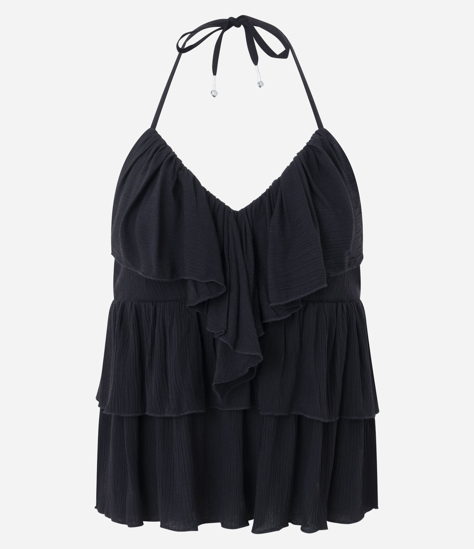 Blusa Frente Única com Babados e Amarração Preto 5