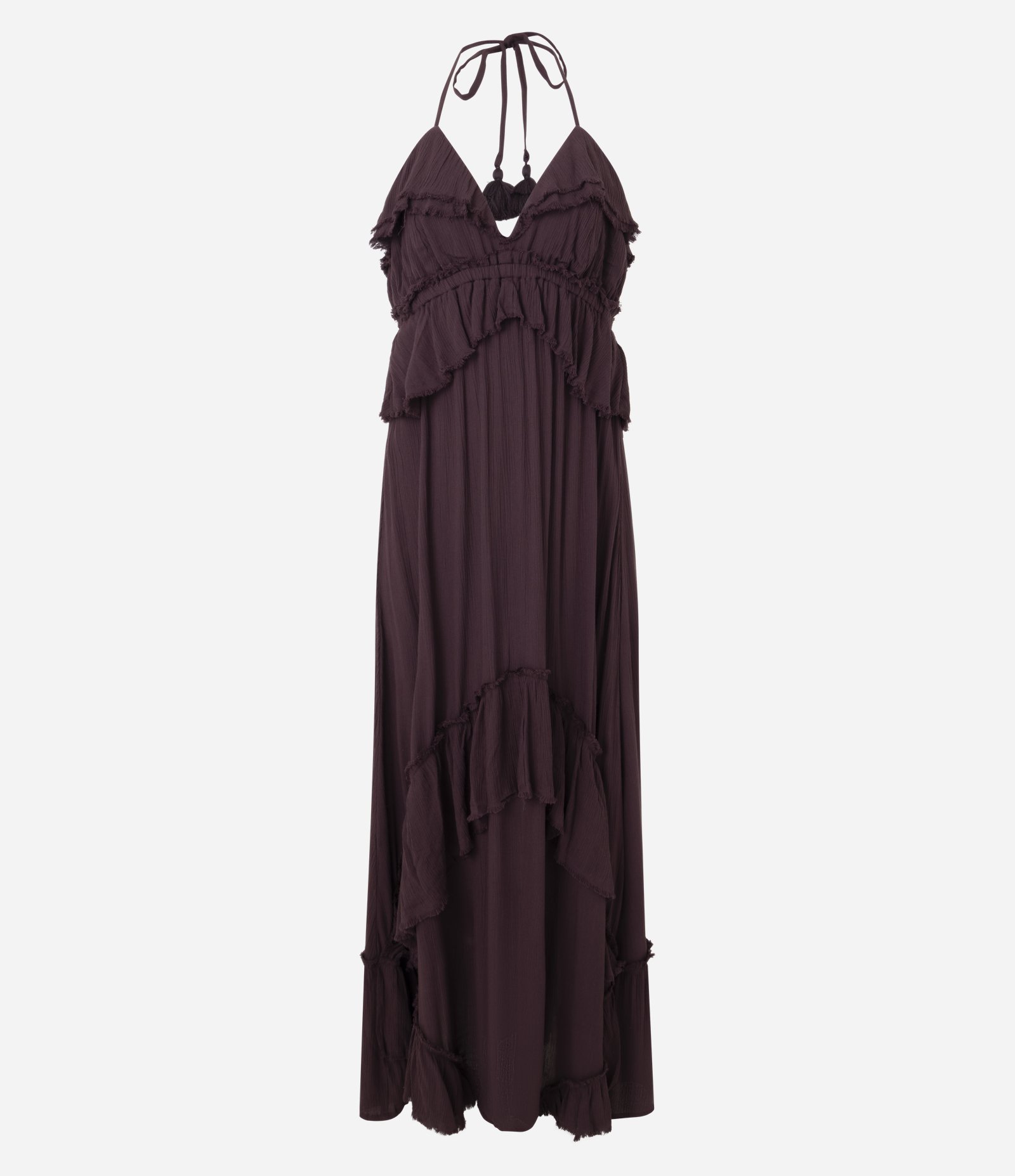 Vestido Longo com Babados e Amarração no Pescoço Bordô 1