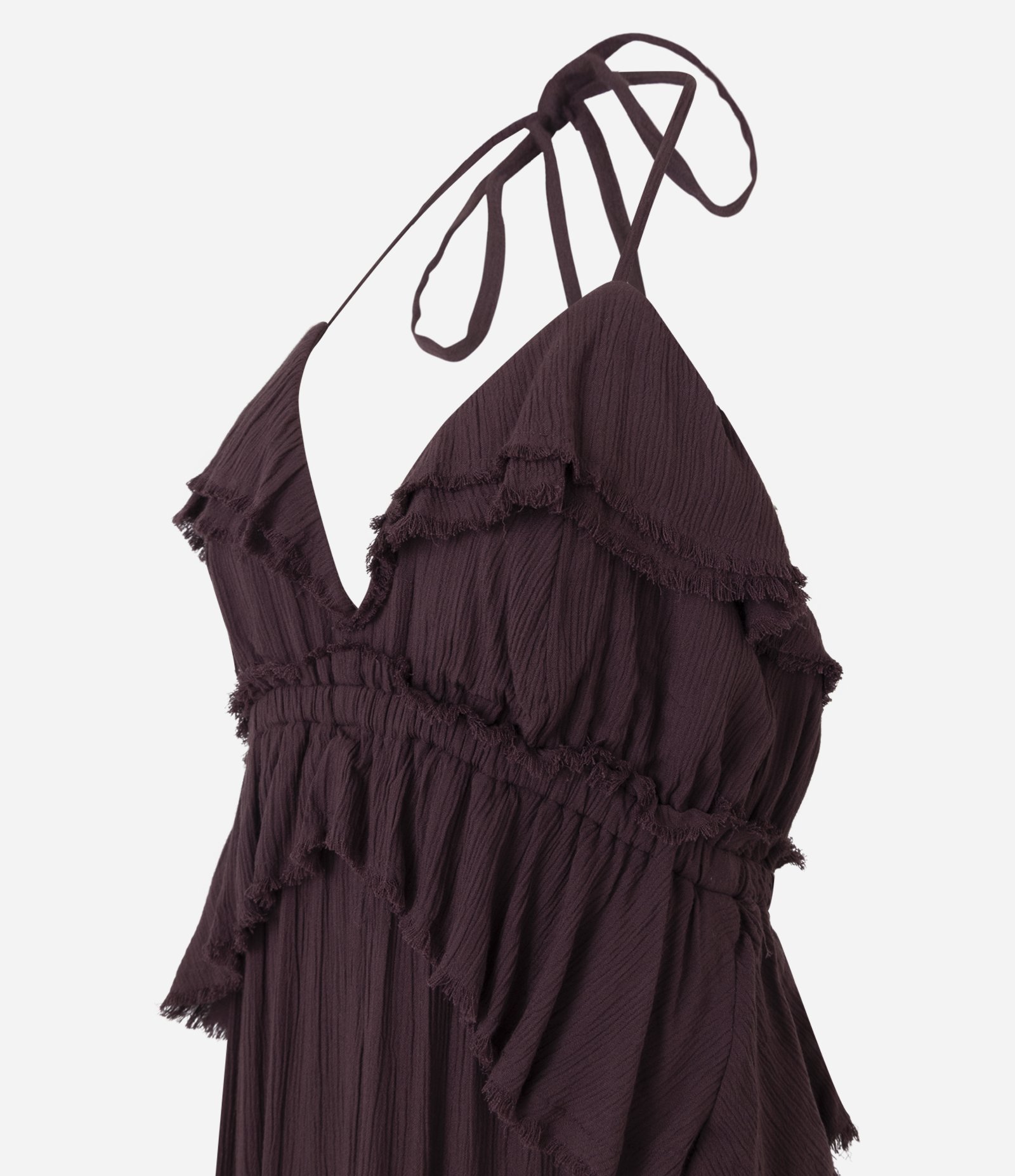 Vestido Longo com Babados e Amarração no Pescoço Bordô 2