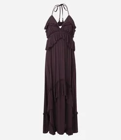 Vestido Longo com Babados e Amarração no Pescoço