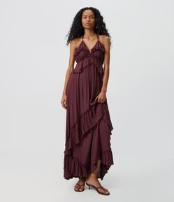 Vestido Longo com Babados e Amarração no Pescoço