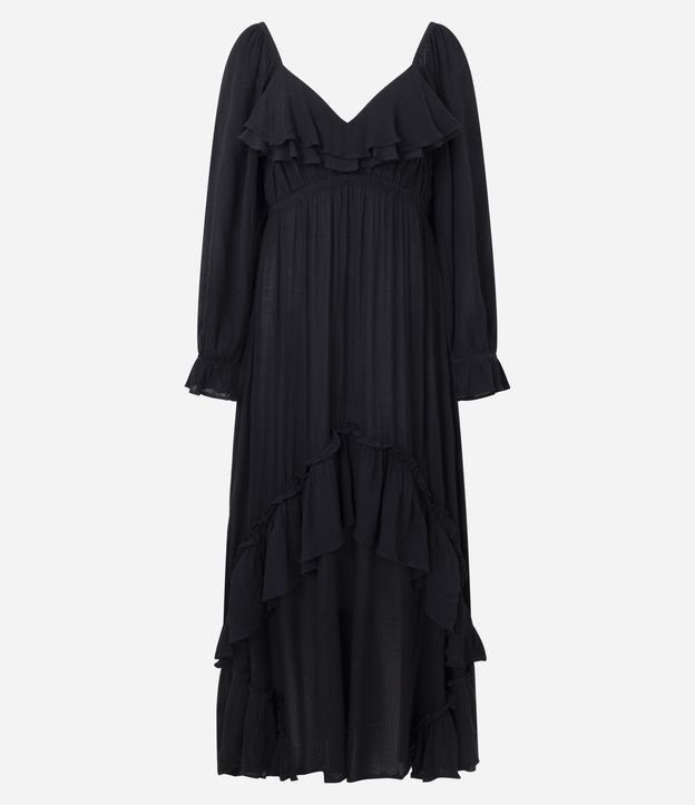 Vestido Longo Texturizado em Crinckle com Babados e Manga Bufante