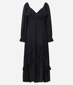 Vestido Longo Texturizado em Crinckle com Babados e Manga Bufante