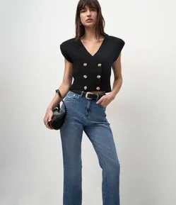 Calça Reta Cropped em Jeans com Cintura Alta