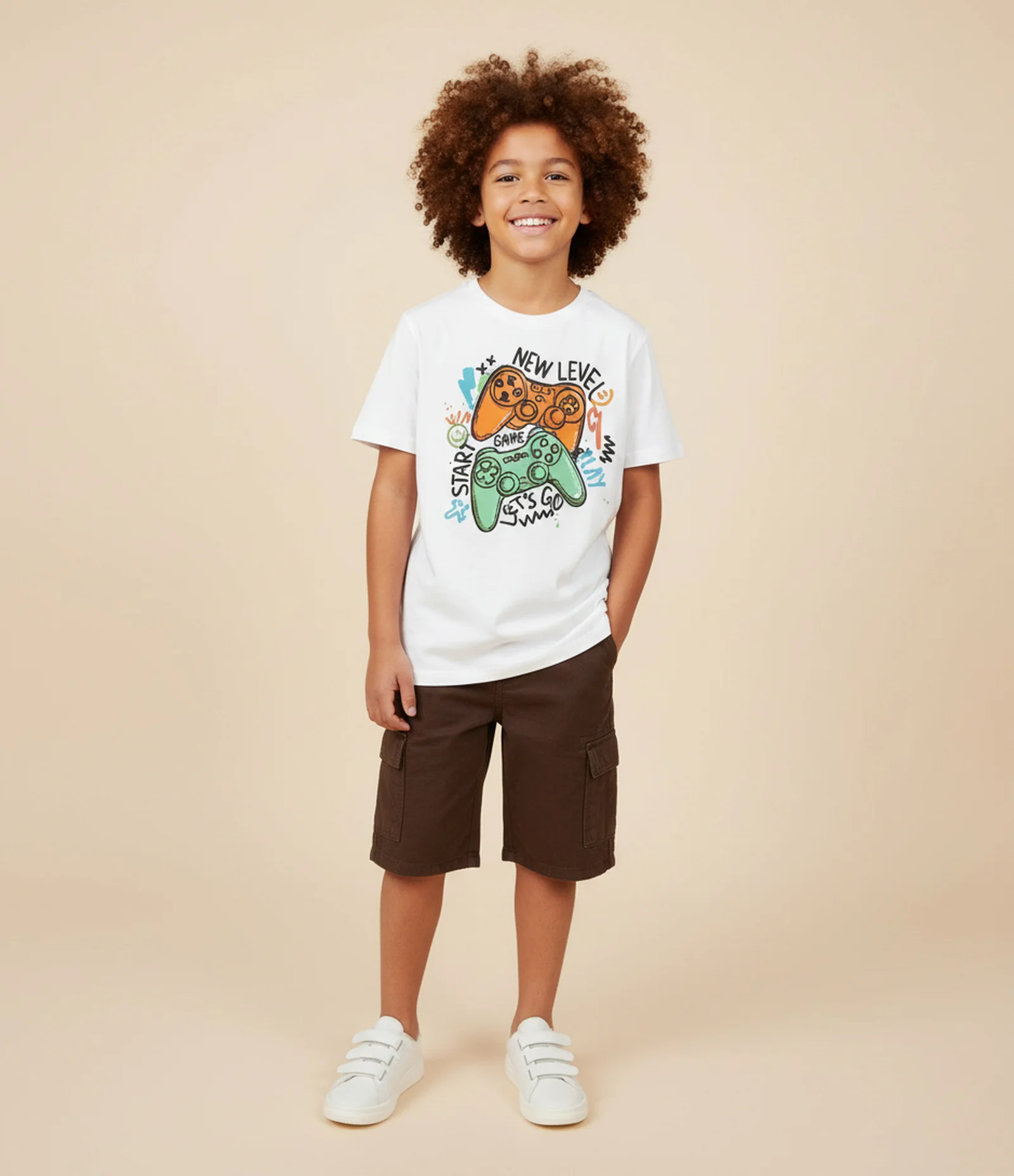 Camiseta Infantil com Estampa Gamer New Level – Tam 5 a 14 Branco 1