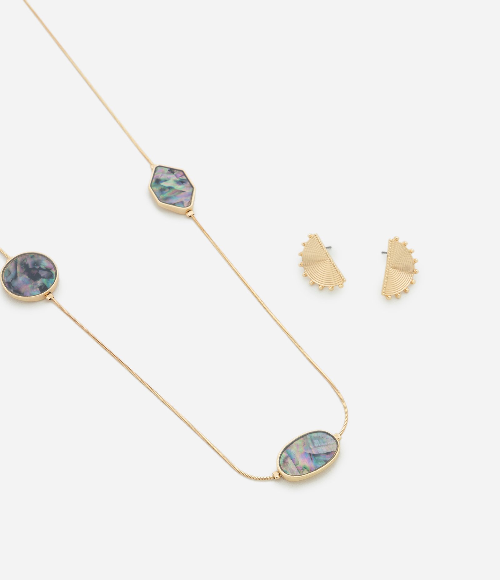 Conjunto de Colar com Abalone e Brincos com Formato de Leque Dourado 1