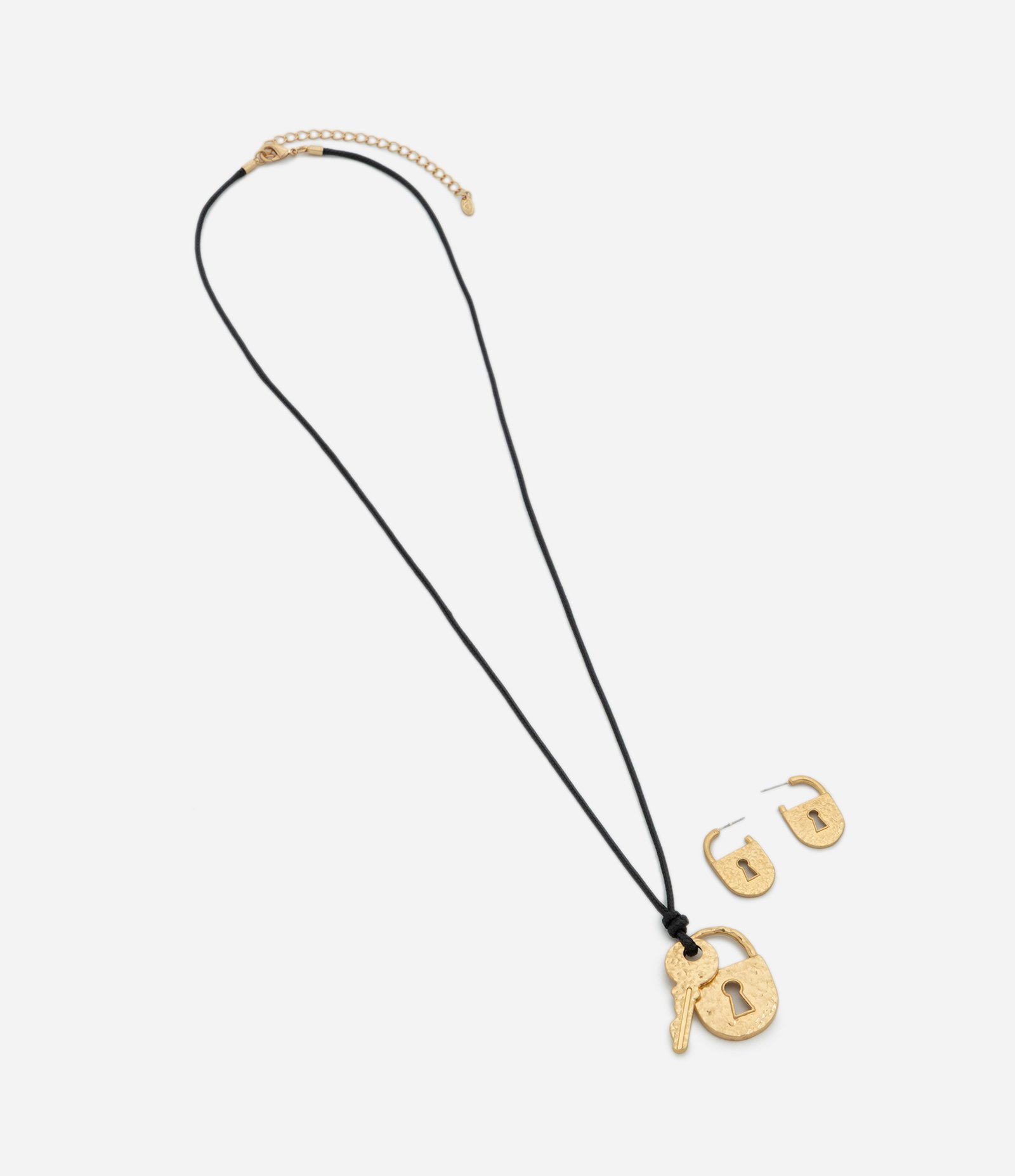 Conjunto de Colar Longo e Brinco com Pingente Cadeado Preto/Dourado 3