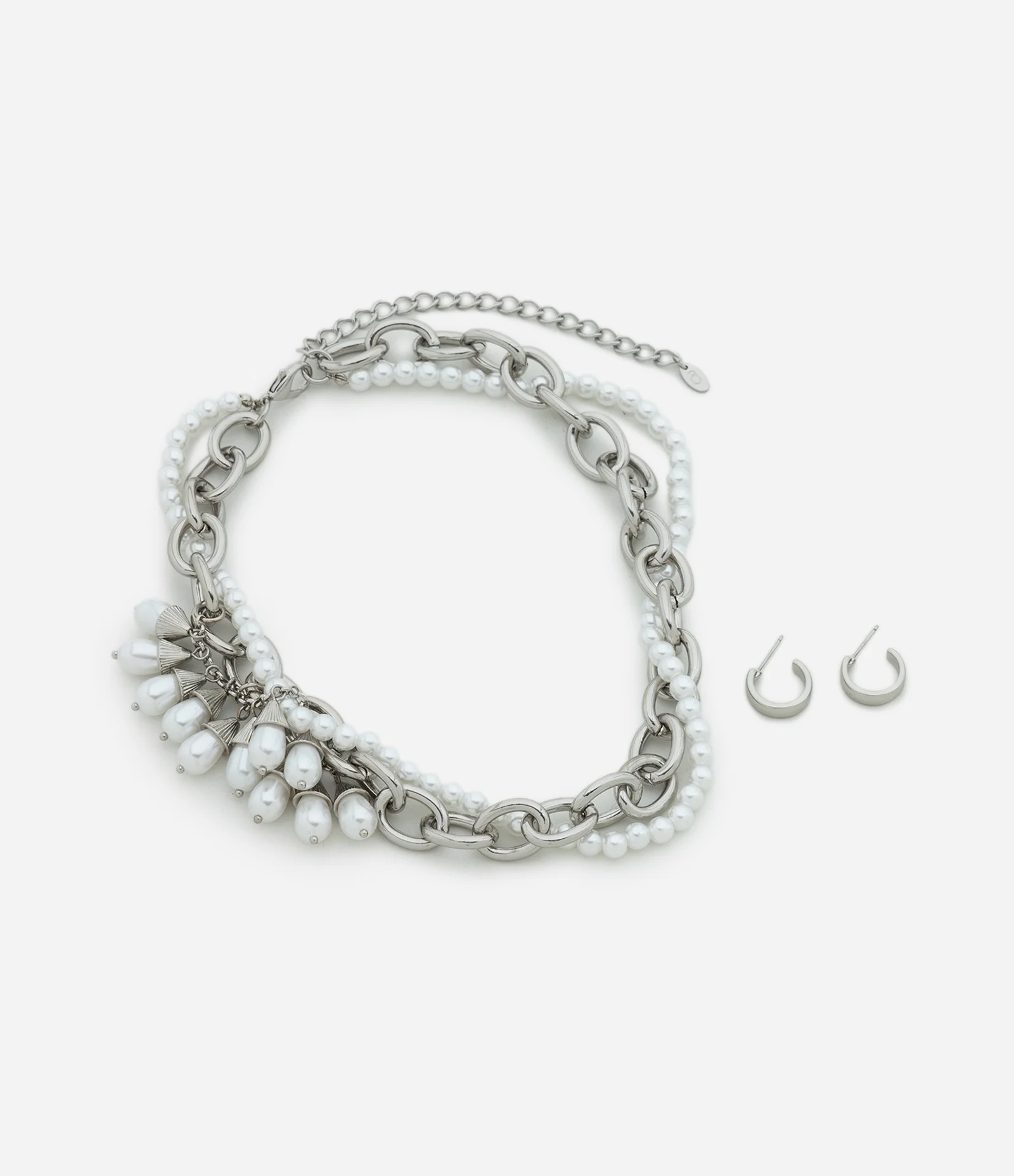 Conjunto de Colar com Pérolas e Brincos Argola Prata 1