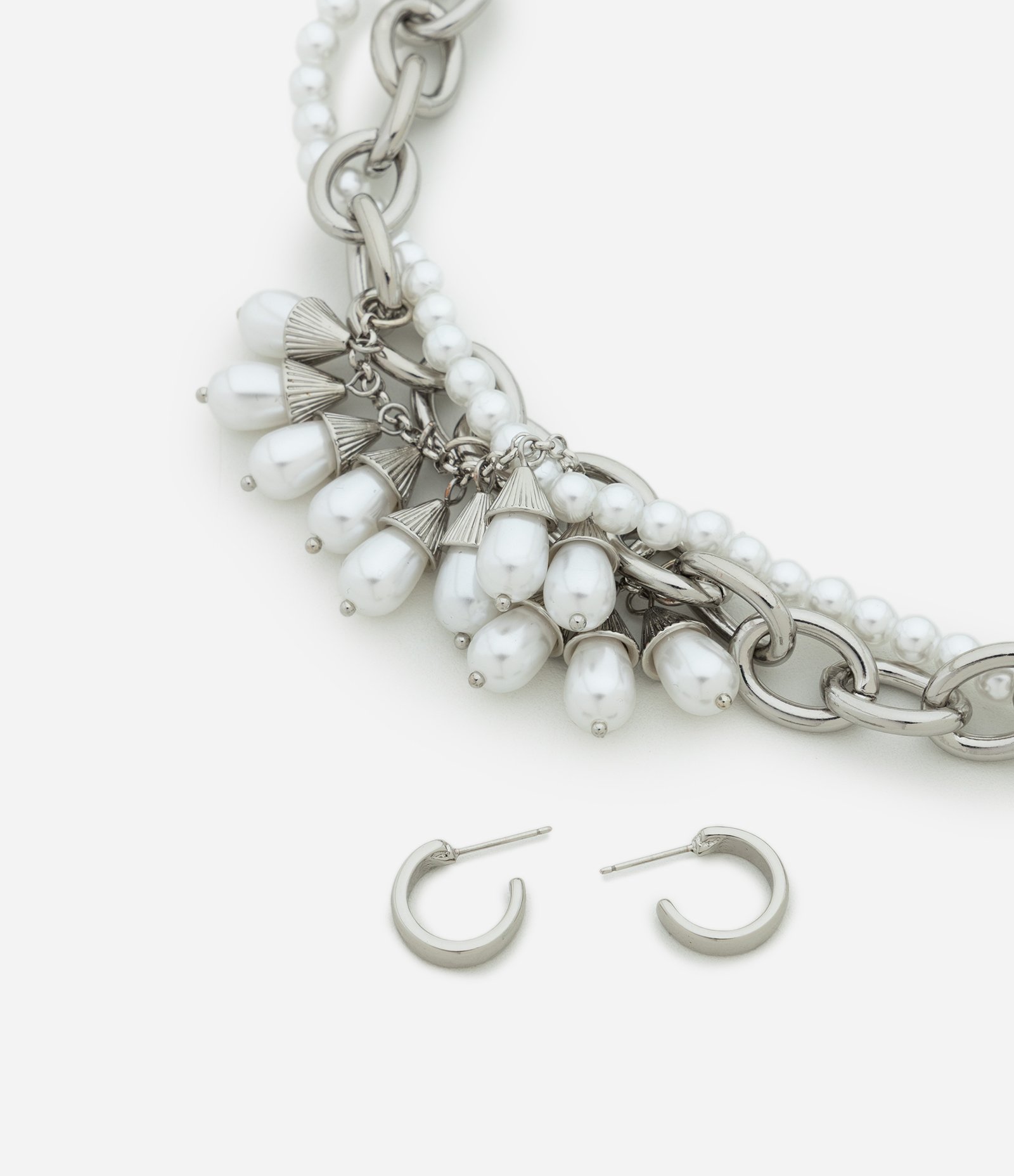 Conjunto de Colar com Pérolas e Brincos Argola Prata 2