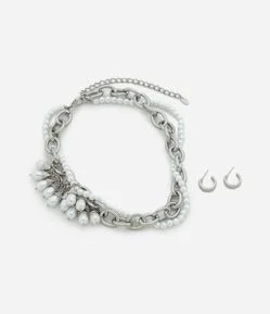 Conjunto de Colar com Pérolas e Brincos Argola