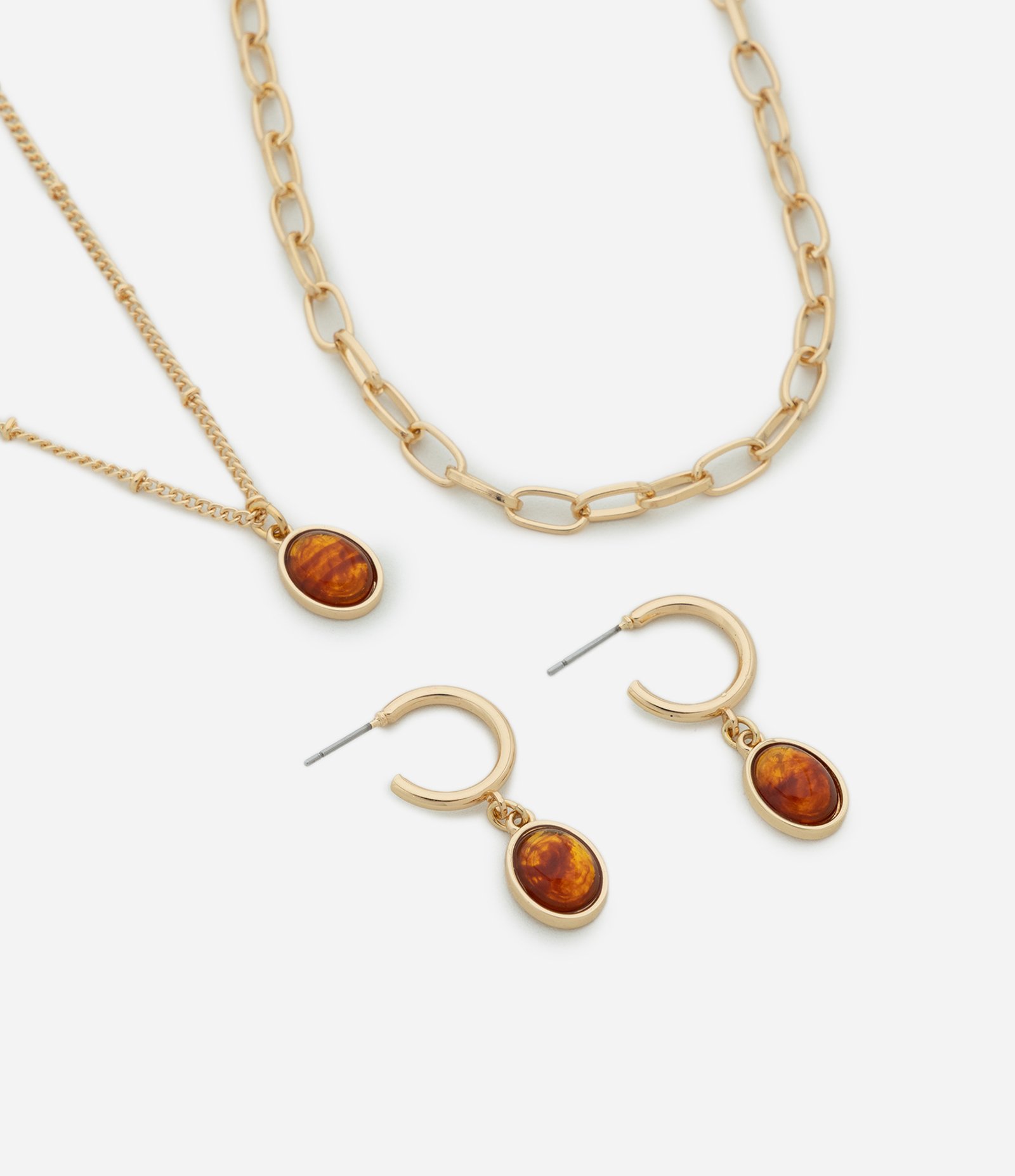 Conjunto de Colar Camadas e Brincos em Resina Dourado 1