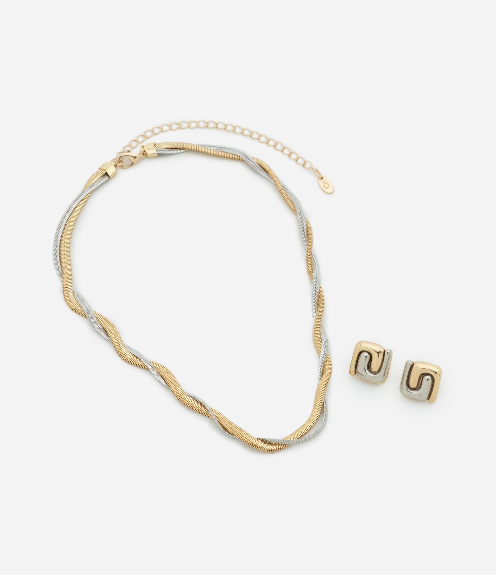 Conjunto de Colar Entrelaçado e Brinco Botão Quadrado Multicores 2