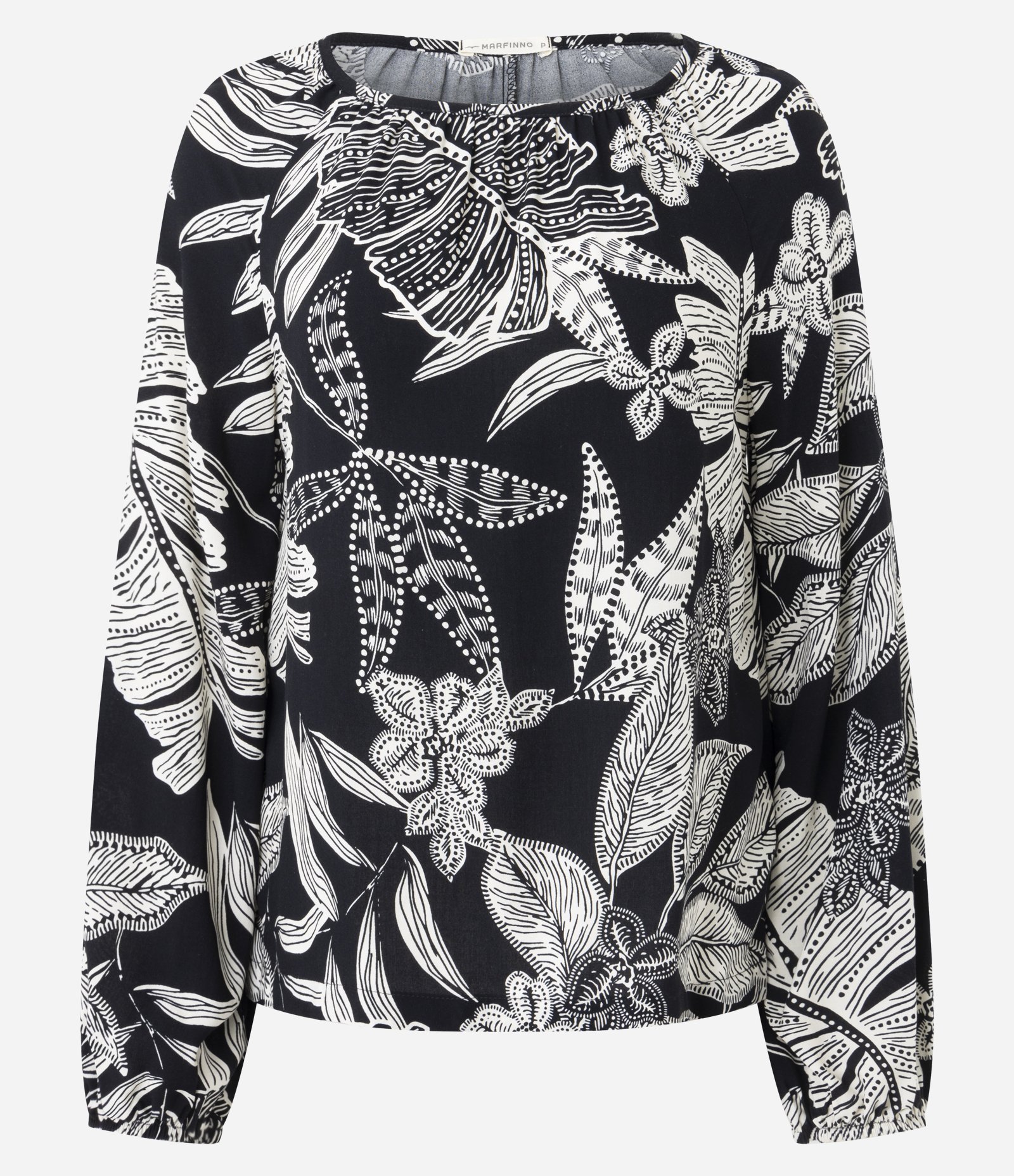 Blusa em Viscose com Estampa de Folhagem e Decote Canoa Preto 5