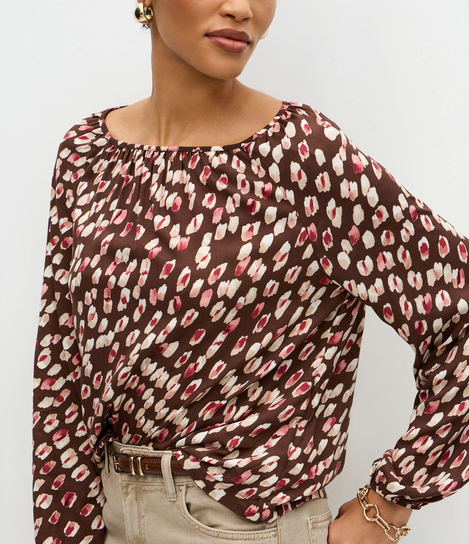 Blusa Manga Longa Viscolinho Estampa Abstrata Marrom 4