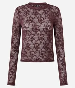 Blusa Slim Manga Longa em Renda Floral