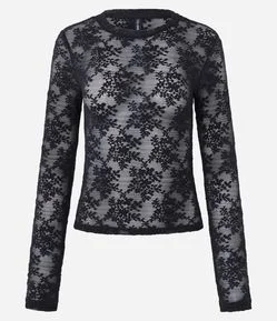 Blusa Slim Manga Longa em Renda Floral