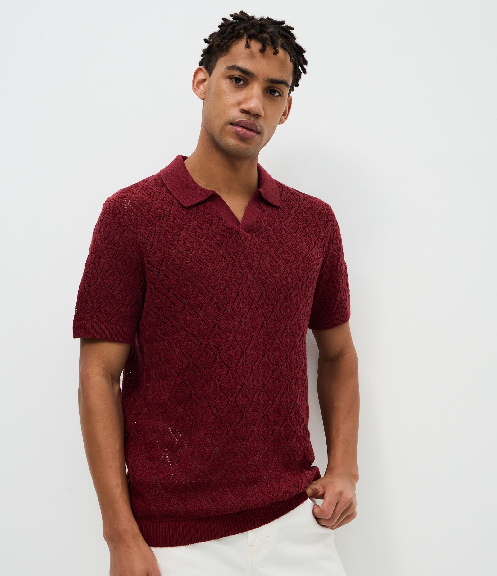 Camiseta Polo em Tricô com Textura Vazada Alceu Valença Vermelho 1