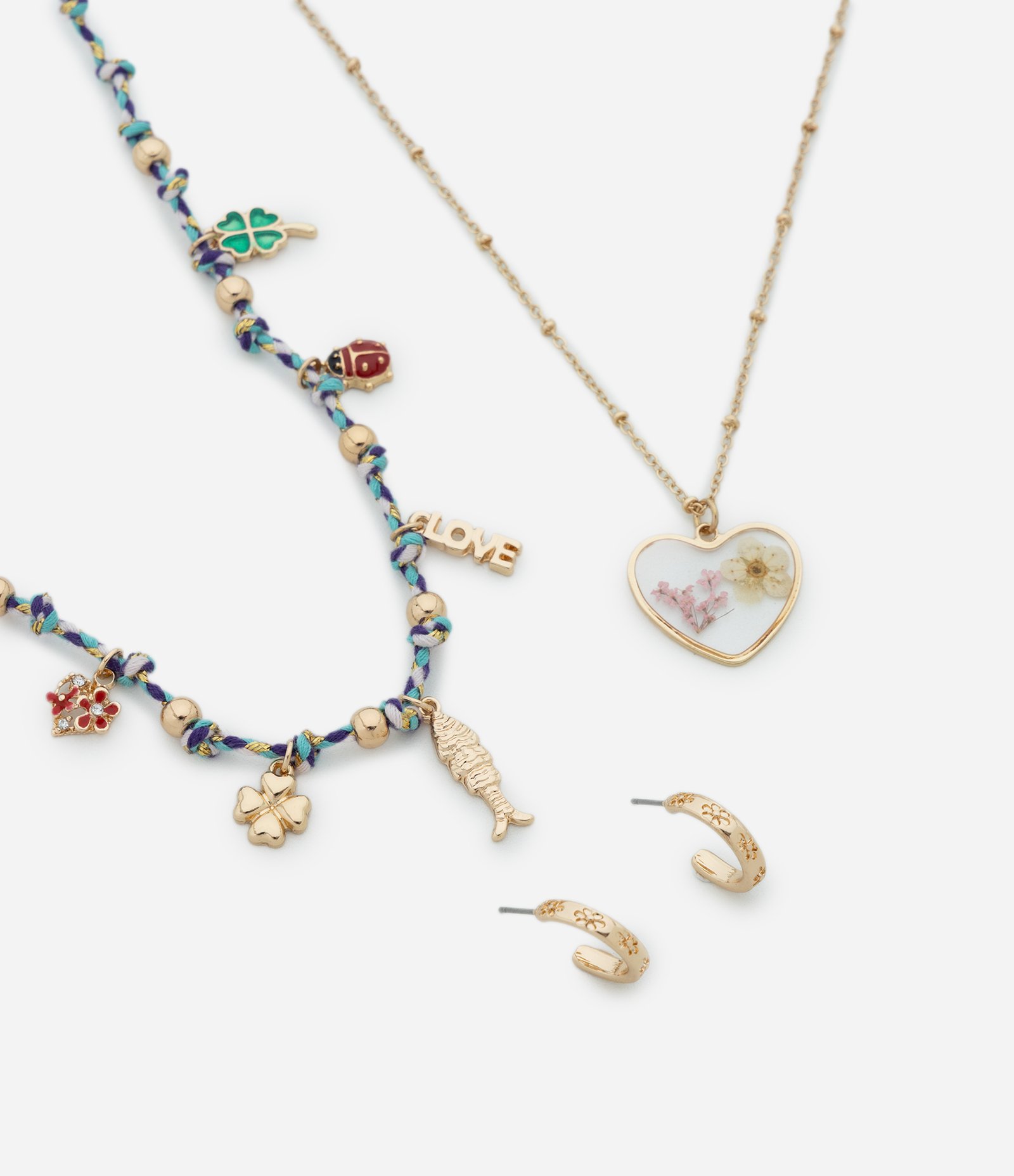 Conjunto de Colar Camadas com Berloques e Brincos Argola Multicores 1