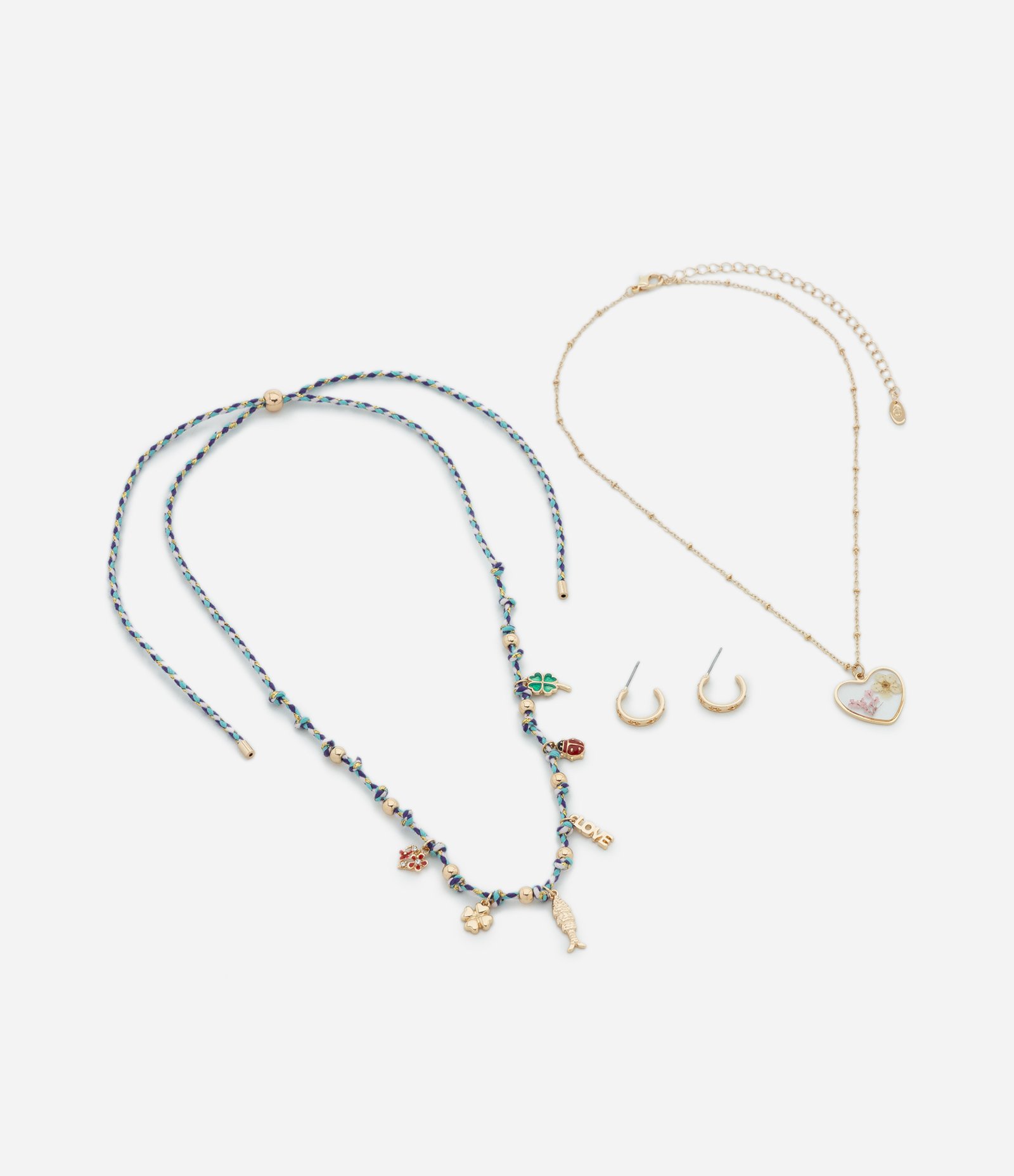 Conjunto de Colar Camadas com Berloques e Brincos Argola Multicores 2