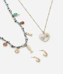 Conjunto de Colar Camadas com Berloques e Brincos Argola