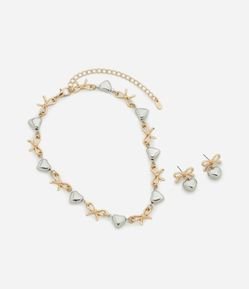 Conjunto Colar e Brinco Laço e Coração