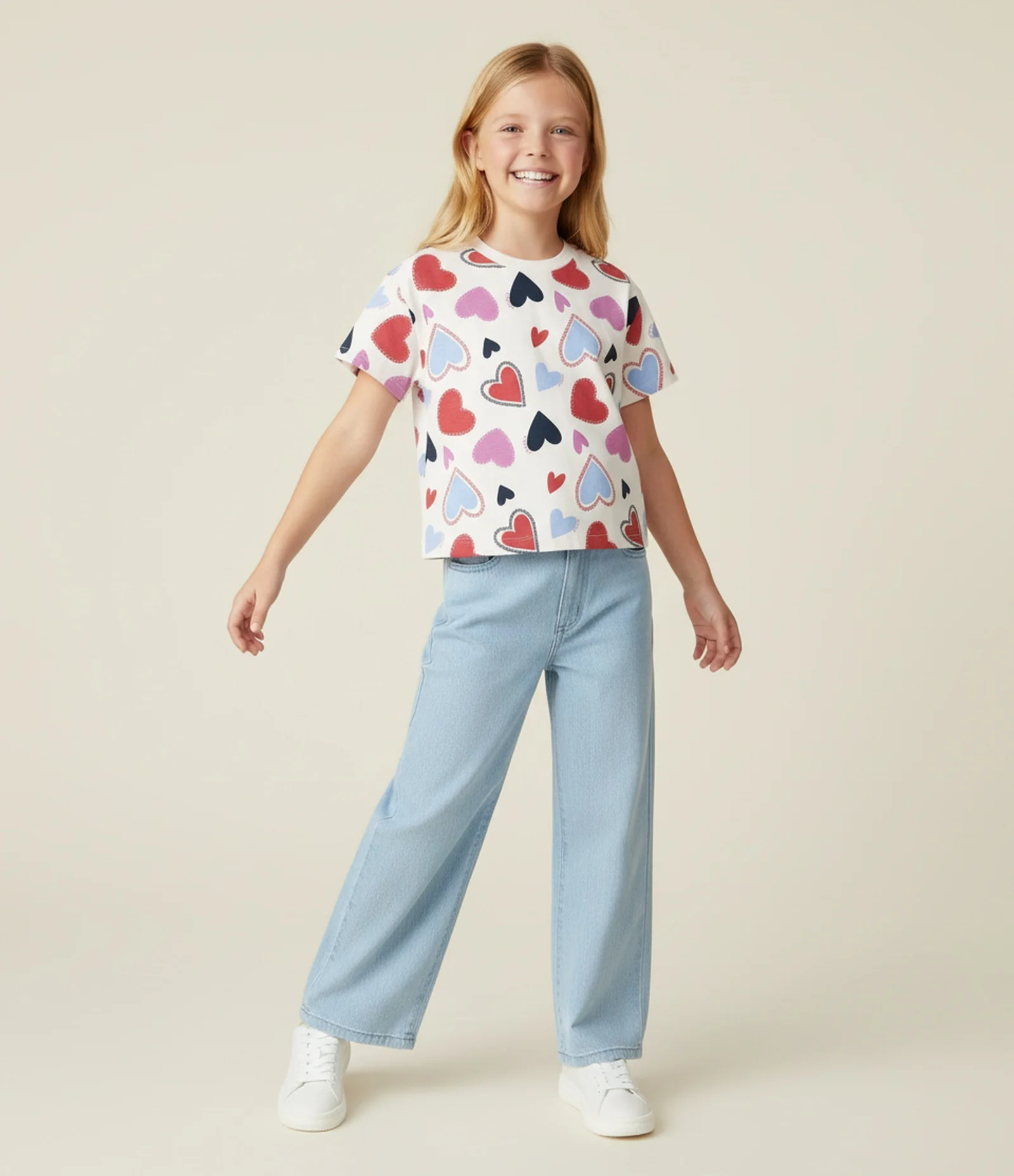 Camiseta Infantil Boxy em Algodão com Estampa de Corações – Tam 5 a 14 Anos Multicores 1