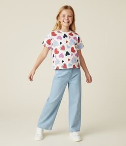 Camiseta Infantil Boxy em Algodão com Estampa de Corações – Tam 5 a 14 Anos