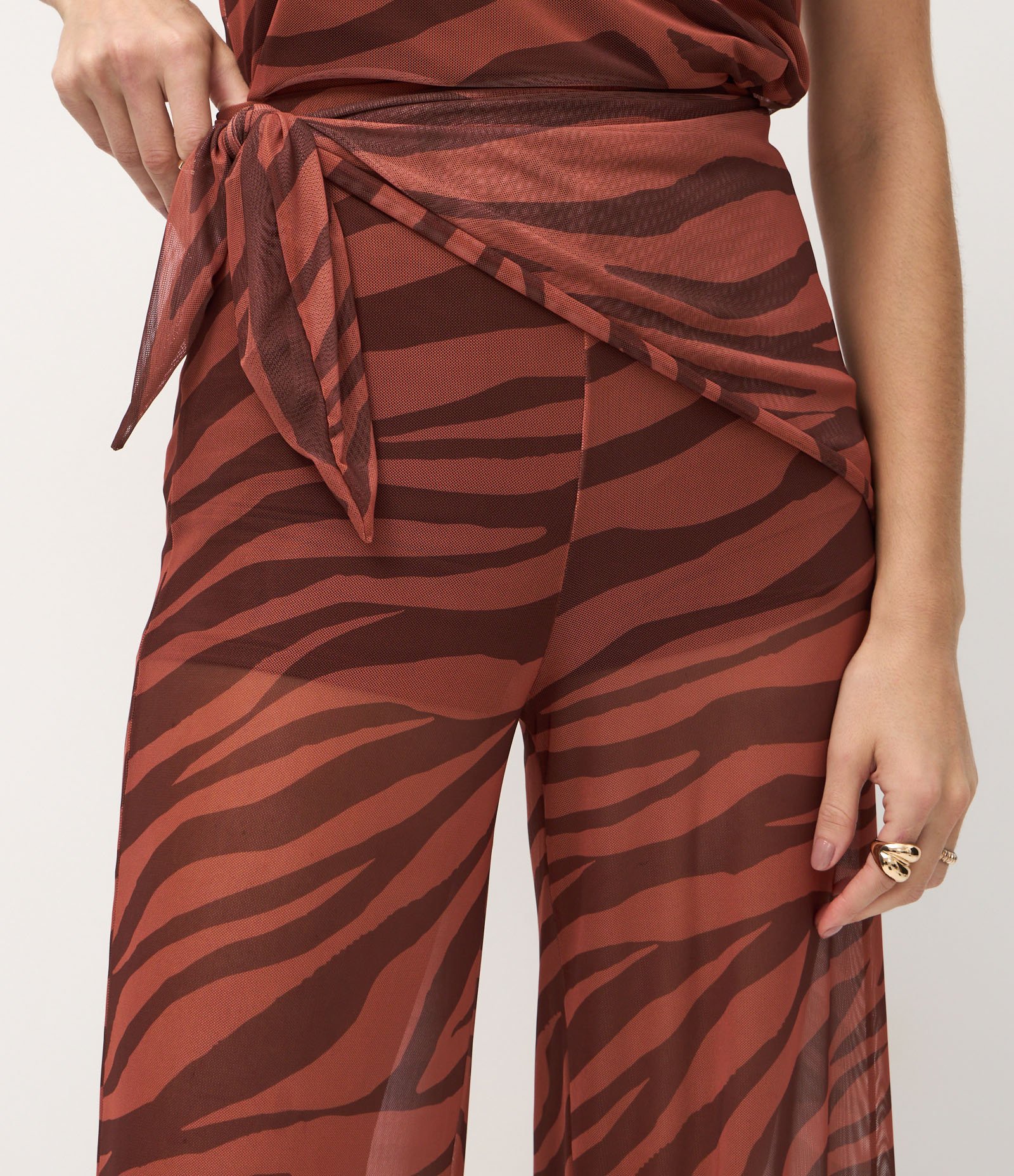 Calça Reta em Tule Transparente com Amarração na Lateral Marrom 4