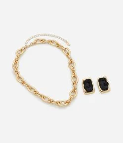 Conjunto de Colar Correntaria de Elos e Brincos com Resina