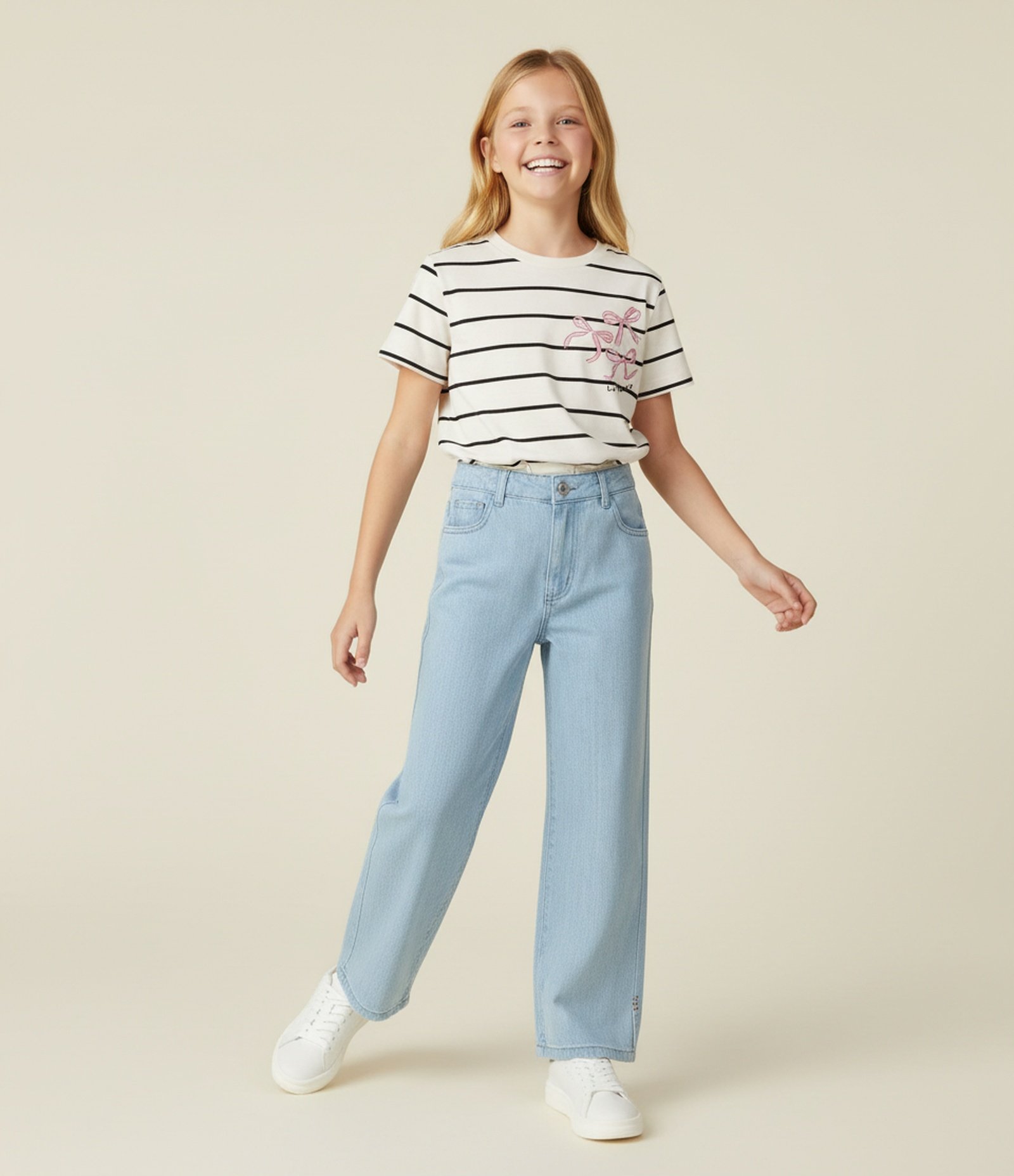 Camiseta Infantil Slim Listrada com Laços – Tam 5 a 14 Off White 1