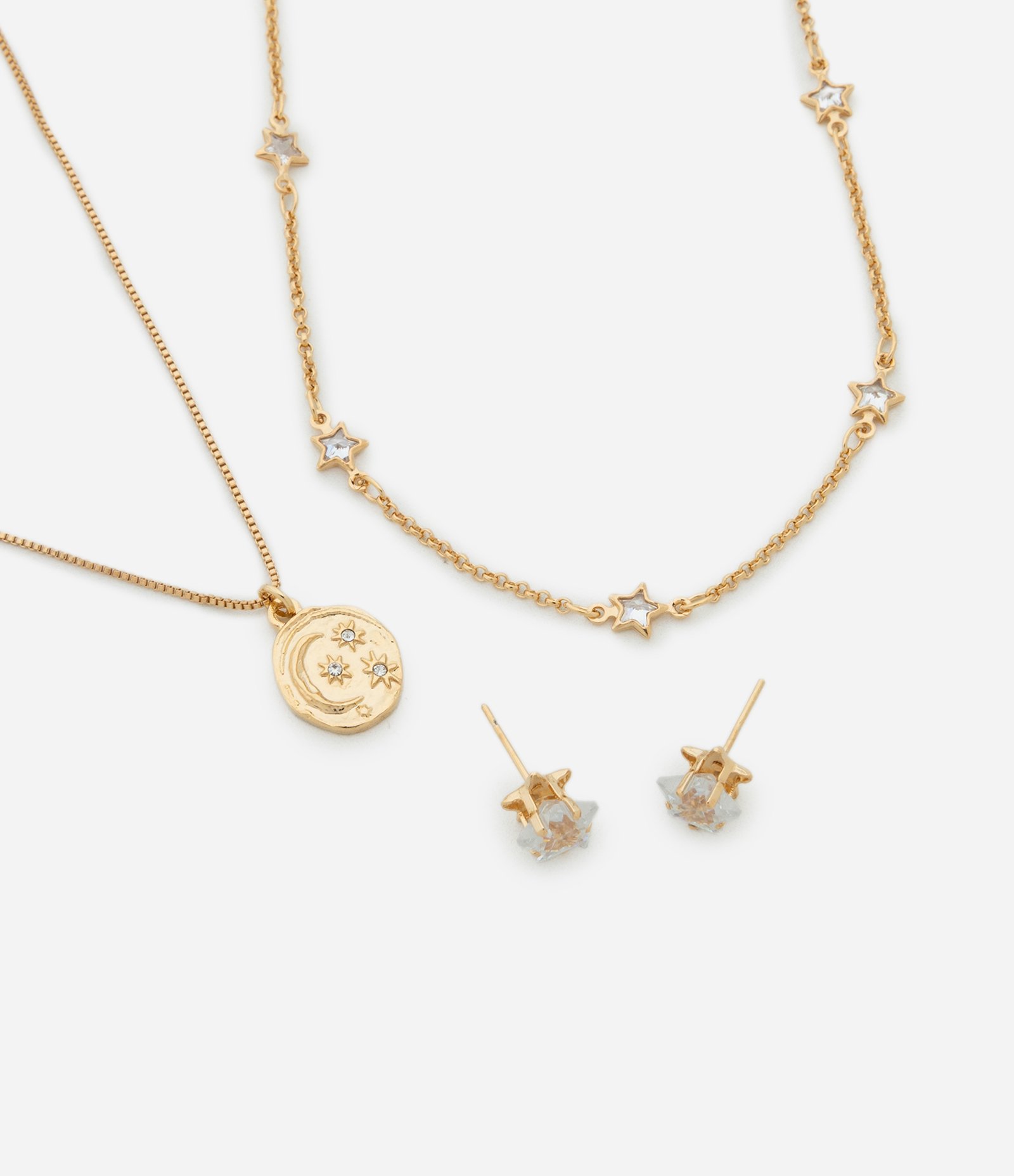 Conjunto de Colar e Brinco em Metal com Aplicações de Estrela Dourado 1
