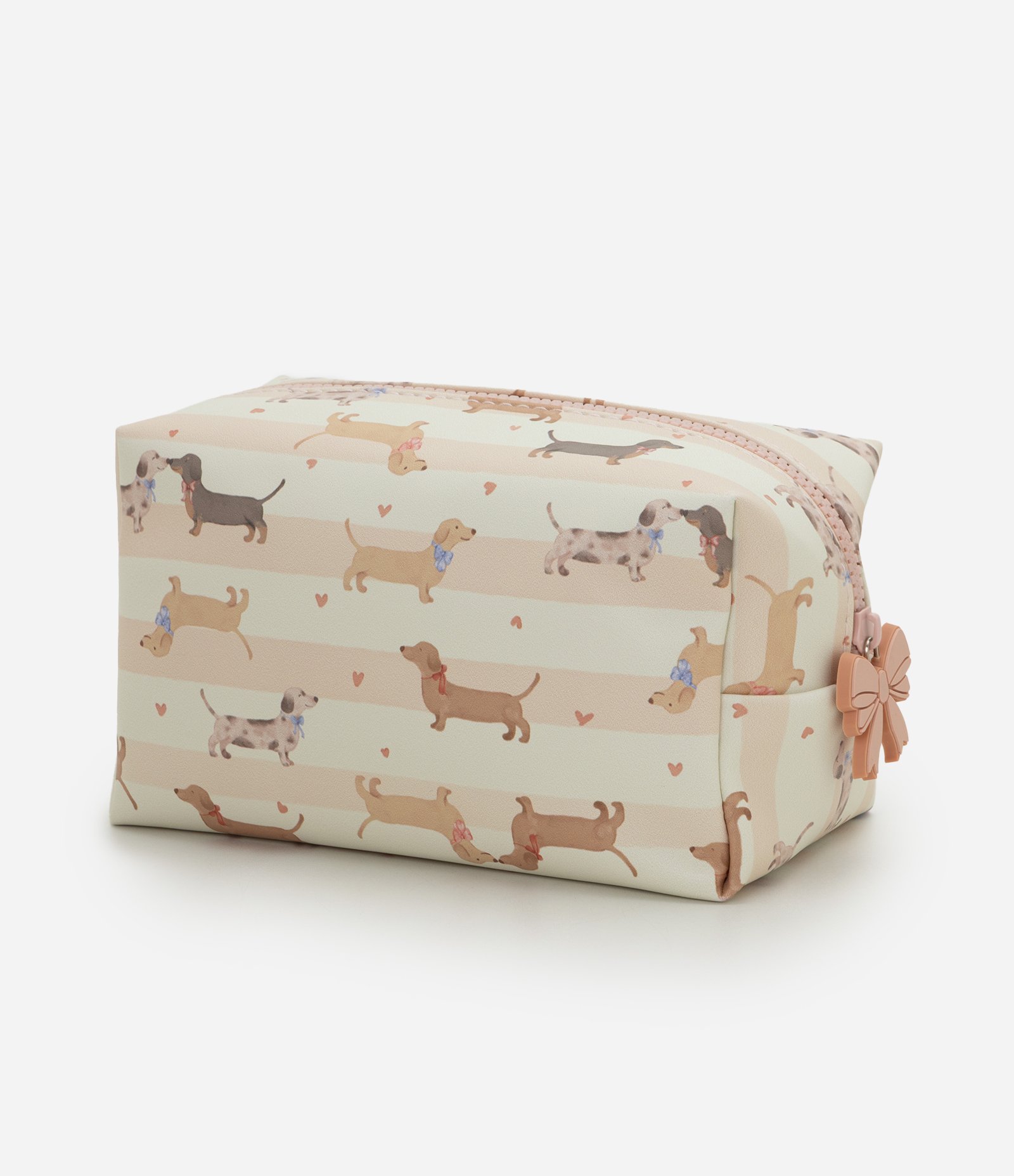 Necessaire Retangular em PU com Estampa de Cachorros Off White/Rosa 1