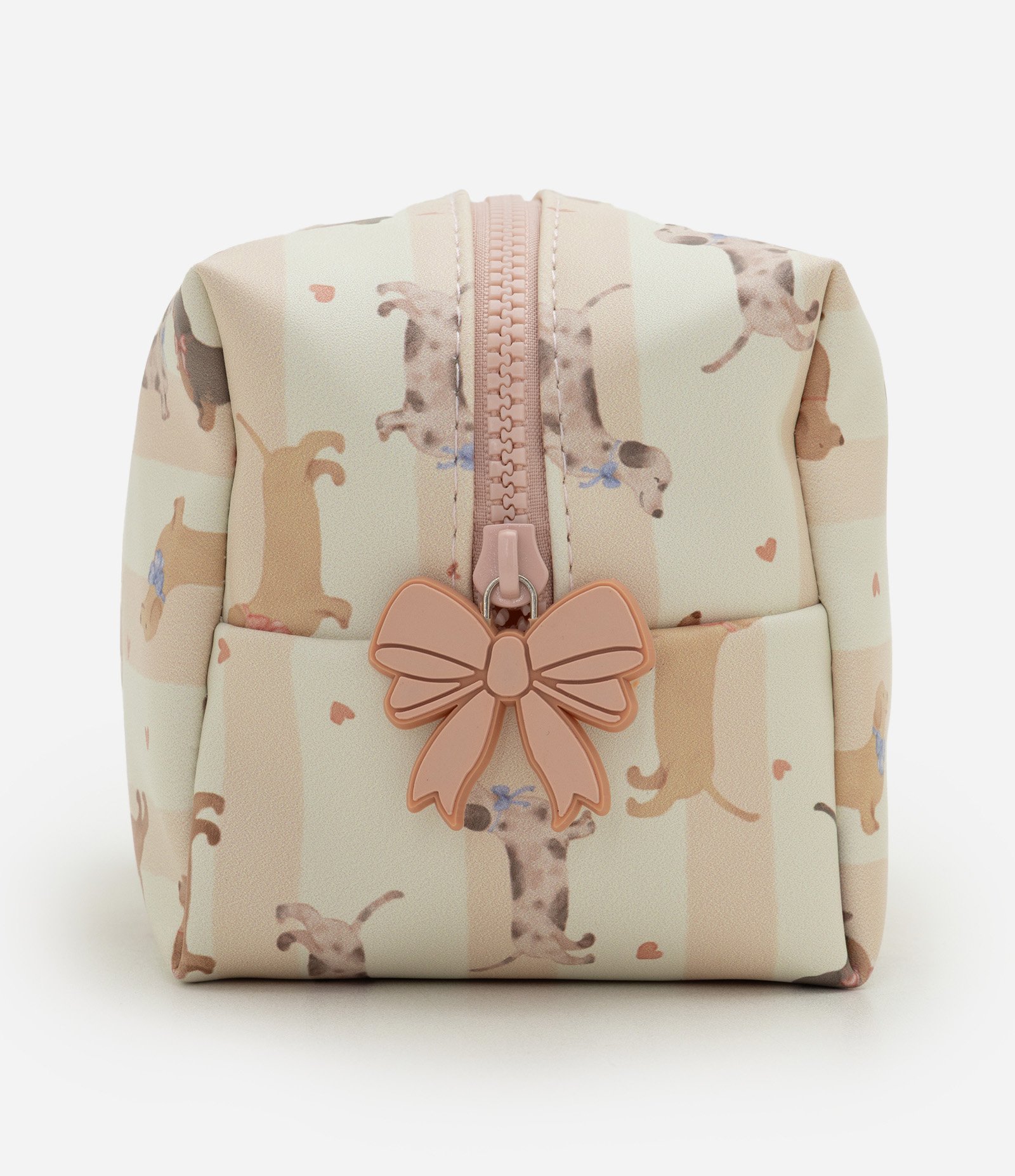 Necessaire Retangular em PU com Estampa de Cachorros Off White/Rosa 2