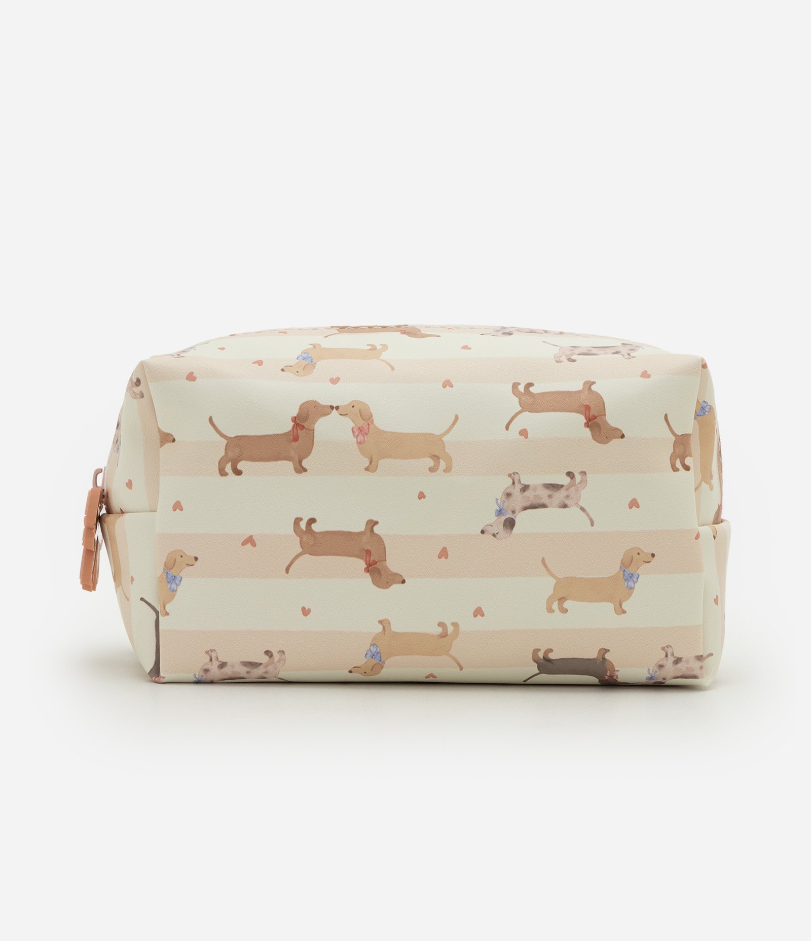 Necessaire Retangular em PU com Estampa de Cachorros Off White/Rosa 3
