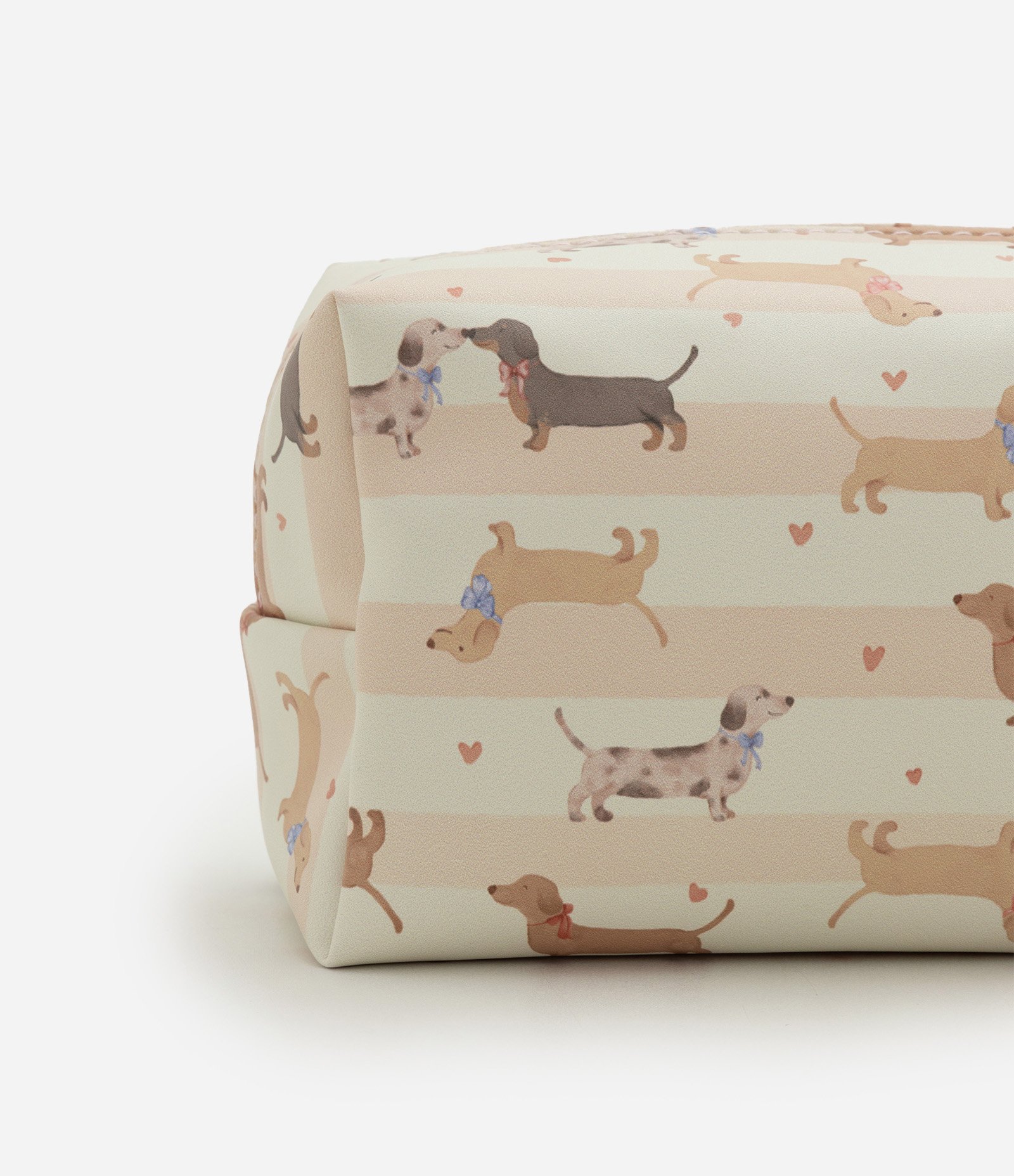 Necessaire Retangular em PU com Estampa de Cachorros Off White/Rosa 4