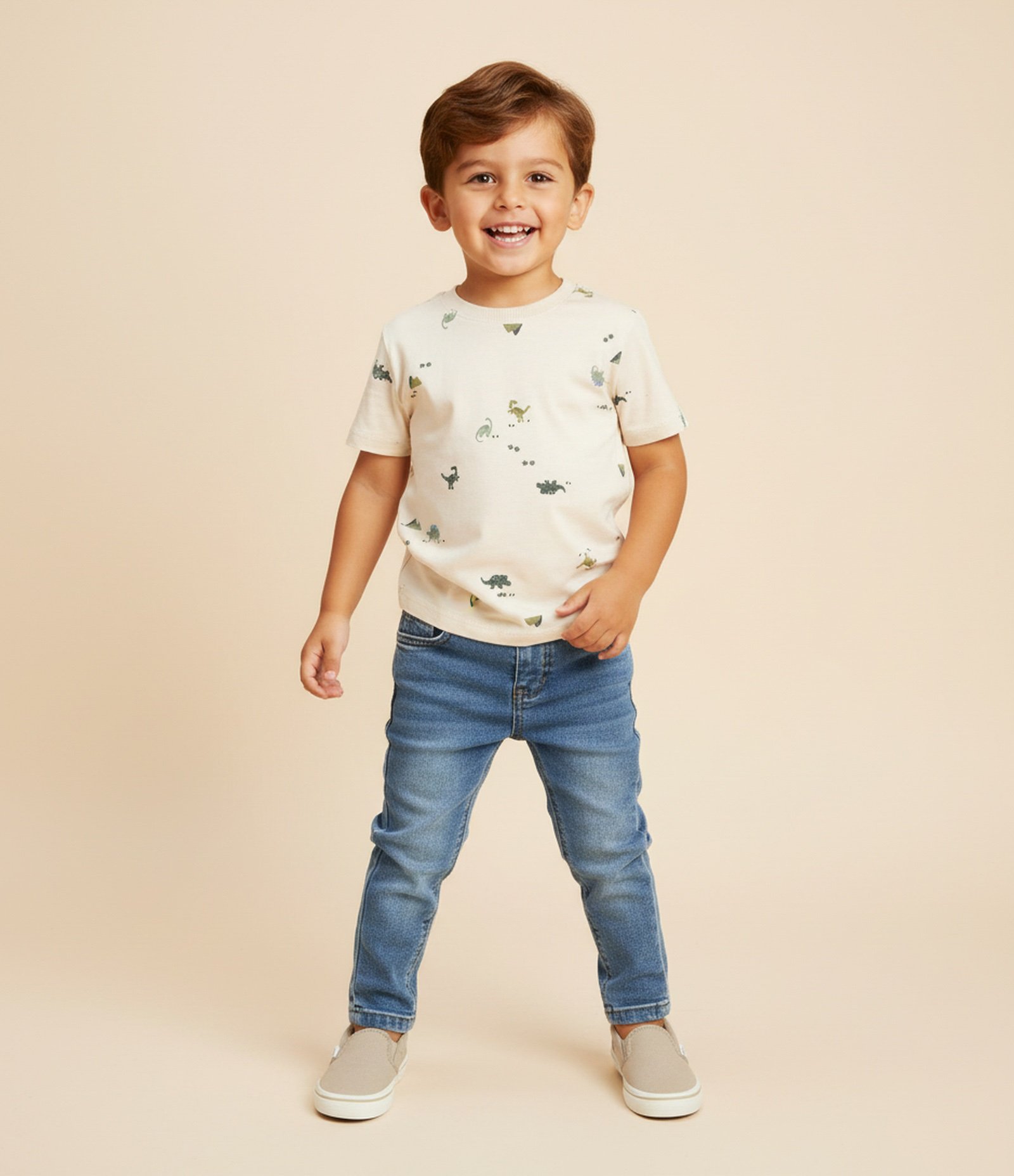 Camiseta Infantil com Estampa de Dinossauros – Tam 1 a 5/6 Anos Bege Claro 1
