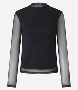 Blusa em Tule com Manga Longa e Golinha Justa