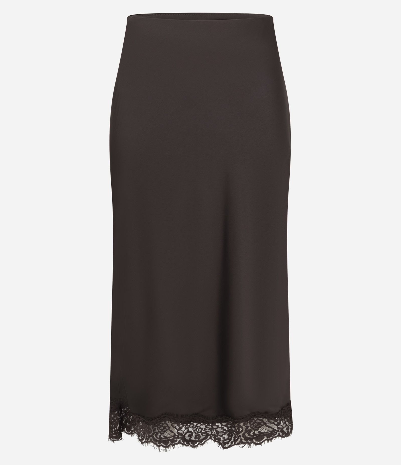 Saia Reta Acetinada e com Renda na Barra Marrom 3