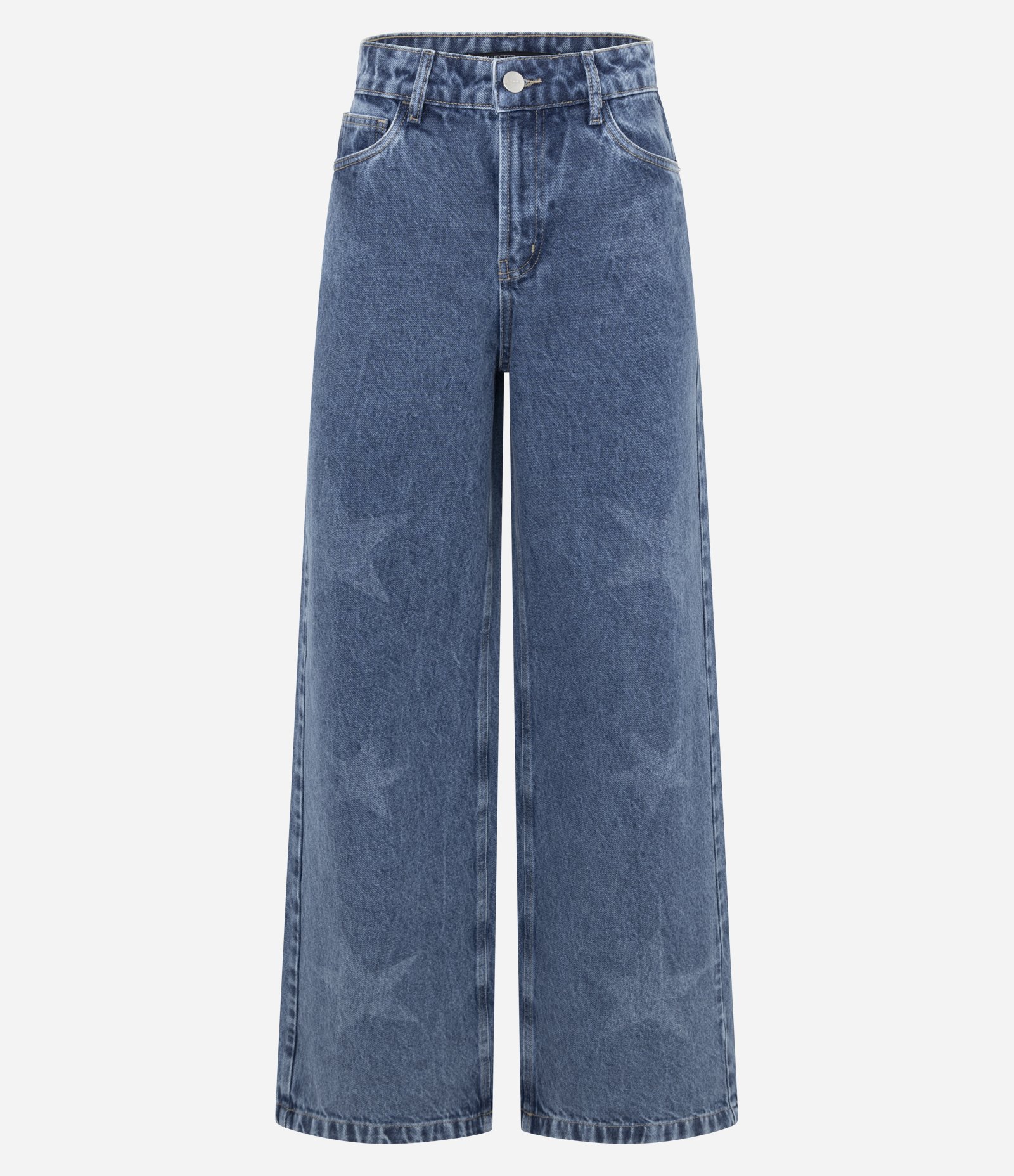 Calça Wide Leg em Jeans com Estrelas a Laser Azul 1